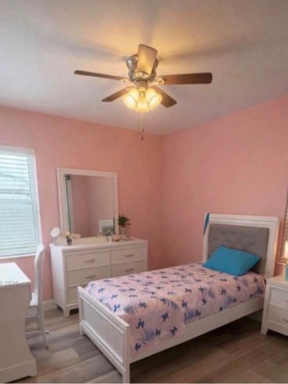 White Twin Bed with Gray Tufted Headboard - Pink Floral Bedding